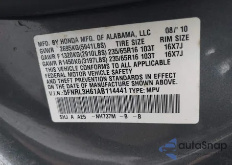 2010 Honda Odyssey Ex-L z USA, uszkodzony, nr VIN 5FNRL3H61AB114441